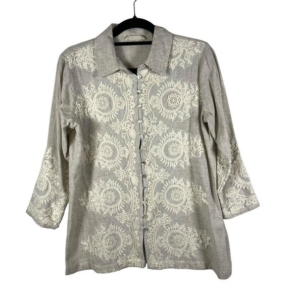 Soft surroundings shirt womens PS tan embroidered linen tunic coastal minimalist - Picture 1 of 9
